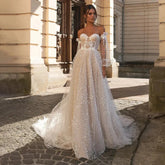 Sexy Sweetheart Strapless Puff Sleeves A-Line Wedding Dresses For Bride Backless Glitter Dot Tulle Robe De Marié 14W